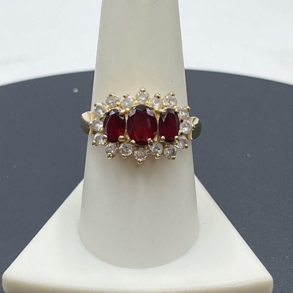 F Finecraft Vintage Vermeil Sterling  Oval Garnet Trilogy Halo CZ  Ring 9.25‎